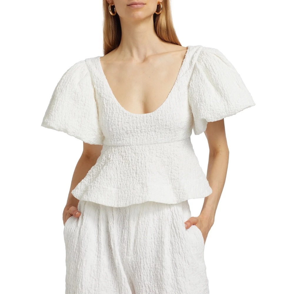 $378 Ronny Kobo Jorden Ruffled Crop Top White Cotton Bubble Short Sleeve S